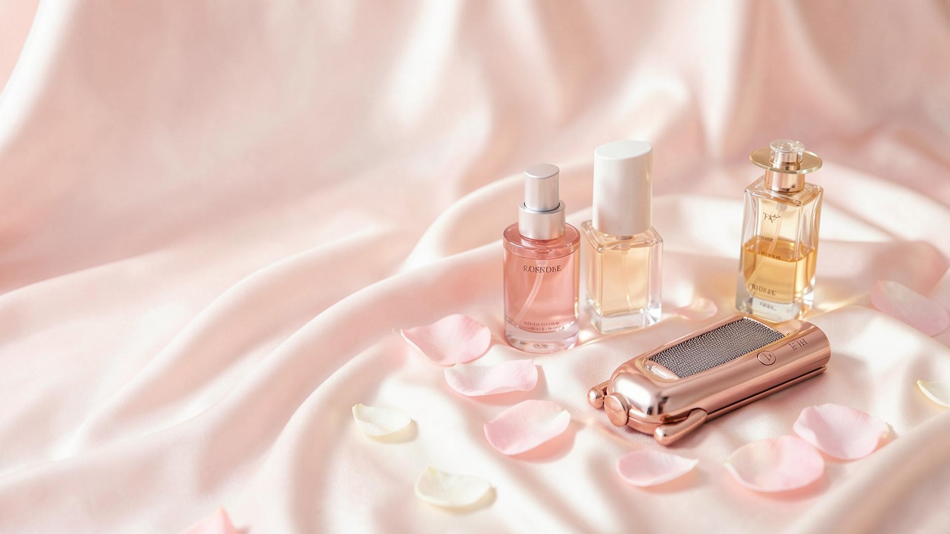 Cosméticos, perfumes y aparatos de belleza en tonos rosa sobre seda